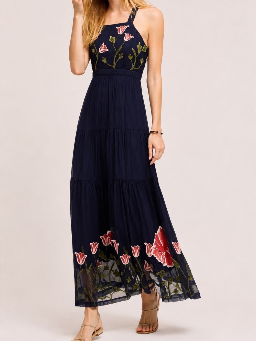 Anthropologie Floreat Navy Embroidered Tulip Maxi Dress Pink Floral Boho Wedding